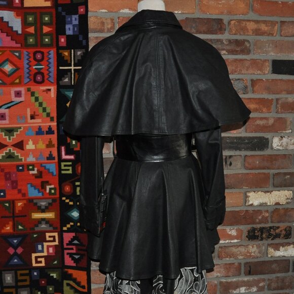 New Vintage 90s ADA Tailored Black Leather Jacket  Inverness Cape Dress Coat 7 M - Picture 5 of 13